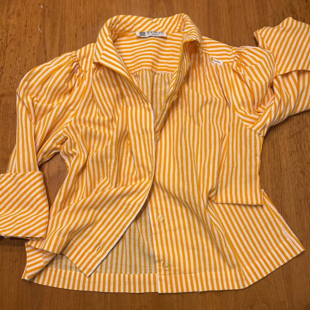 Lanvin orange striped collared puff sleeve blouse